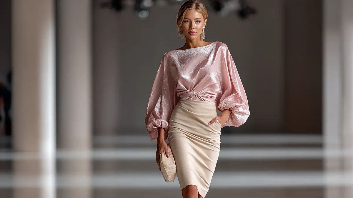 Показ Max Mara Rococo Modern весна–лето 2026 — модель в блестящем пудрово-розовом топе с объёмными рукавами и кремовой юбке-карандаш, демонстрирует элегантный образ в пастельных тонах на подиуме