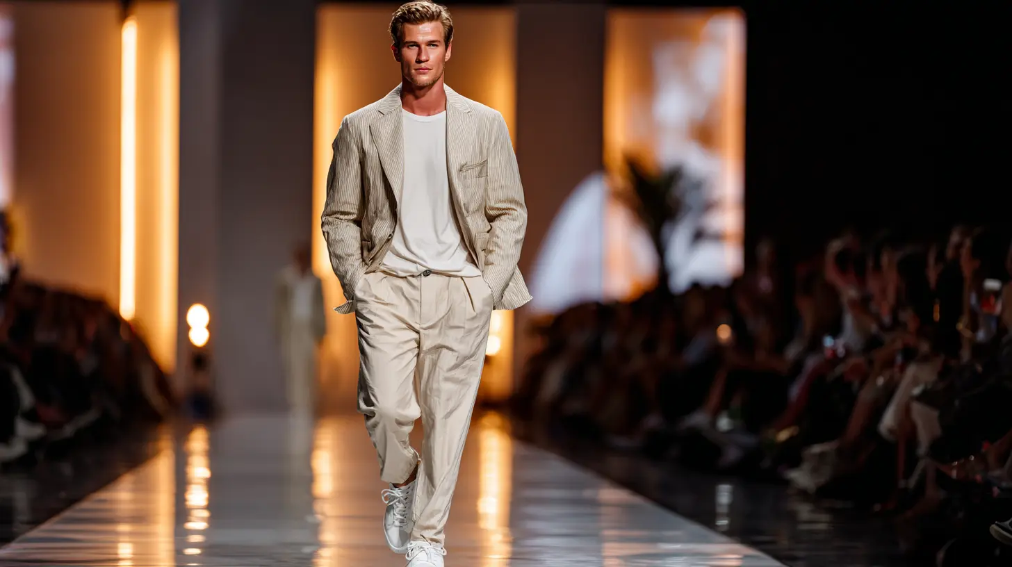 Мужская мода Италии весна-лето 2026 — модель в светлом льняном костюме свободного кроя идёт по подиуму в стиле «relaxed formal», сочетая пиджак без подплечников и футболку из тонкого хлопка.