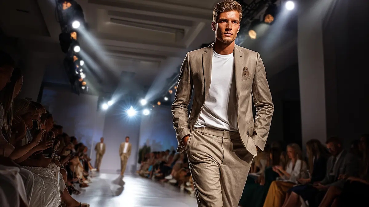 Мужская коллекция итальянских дизайнеров весна-лето 2026 — модель в песочном деструктурированном костюме и белой футболке демонстрирует элегантность и комфорт в стиле современной итальянской моды.