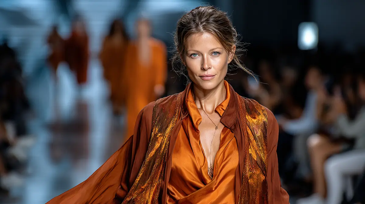 Элегантная женщина 45 лет на подиуме в насыщенном оранжевом платье и накидке, тренды весна–лето 2026 для женщин 40+