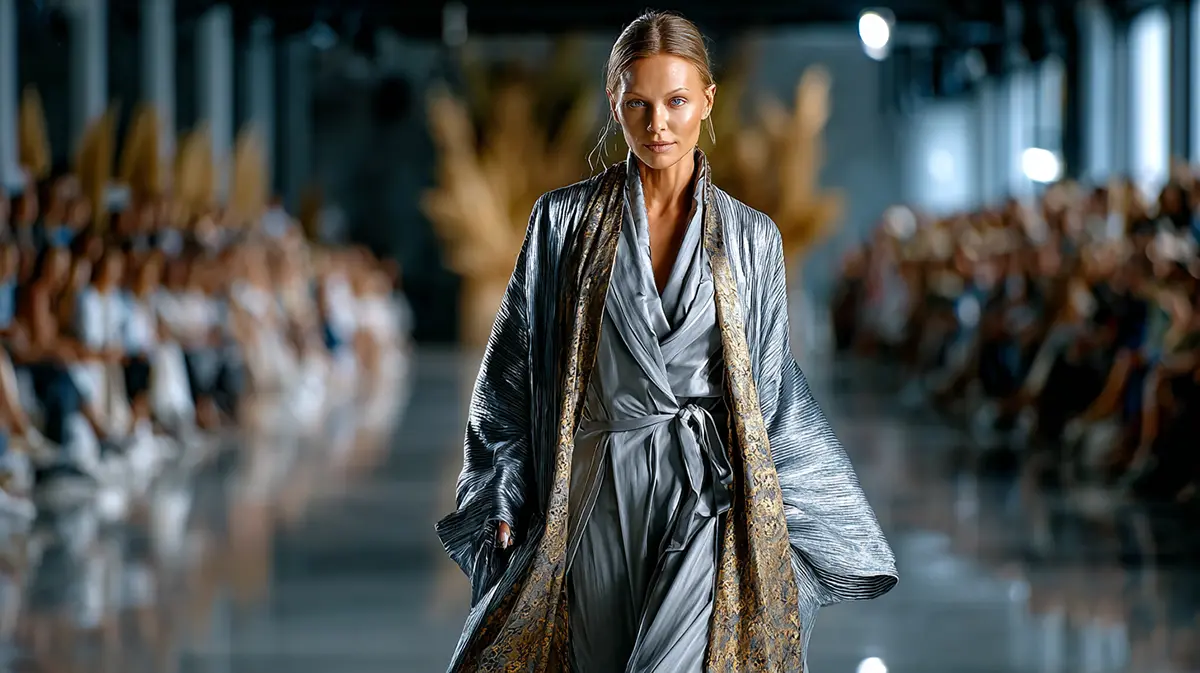 Модель 45 лет в удлинённом серебристом кимоно-пальто на модном показе, актуальные силуэты 2026 для женщин 40+