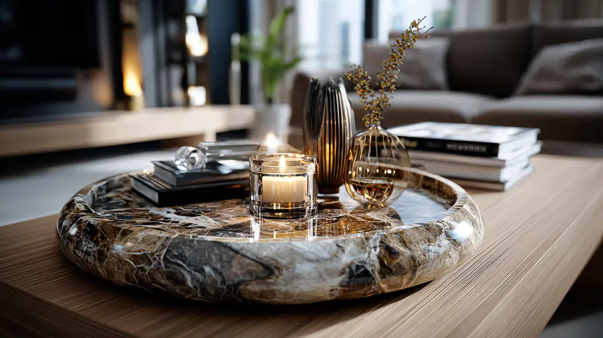 Итальянский мраморный поднос на кофейном столике — современный акцент для стильной гостиной 2026