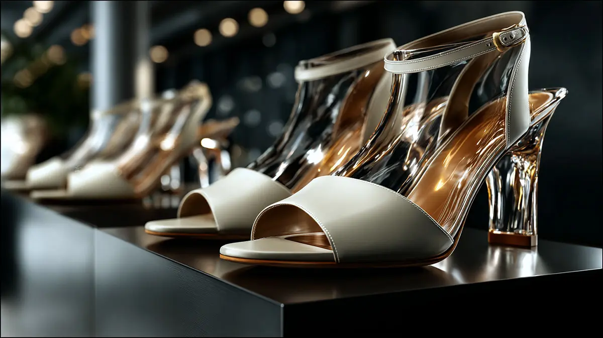 Женские туфли с открытым носком из матовой кожи цвета панна с изогнутым прозрачным акриловым каблуком — современный итальянский дизайн сезона весна-лето 2026.
