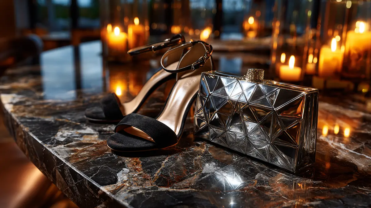 Аксессуары для вечеринки: Черные замшевые босоножки на высоком каблуке и металлизированный серебряный клатч на мраморной столешнице.