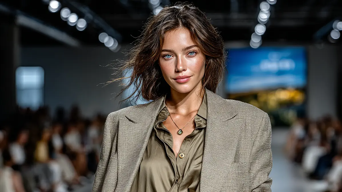 Модель на подиуме в образе Smart Utility: мягкий бежевый блейзер и оливковая блуза, новинки итальянской моды Весна-Лето 2026.