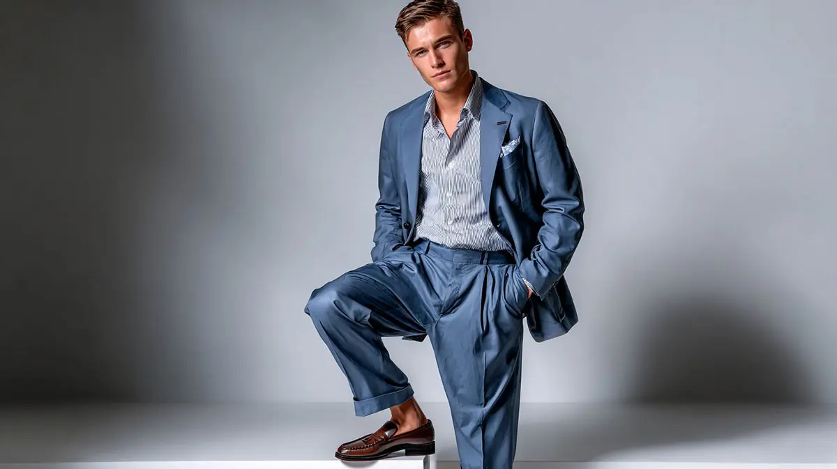 Модель в голубом мужском костюме свободного кроя и лоферах без носков. Тренд New Tailoring в итальянской моде весна-лето 2026.