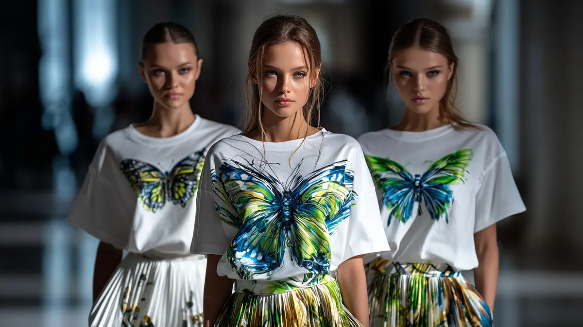 Три модели на подиуме в футболках и юбках со стилизованным принтом бабочки, представляющие модные образы сезона весна-лето 2026.