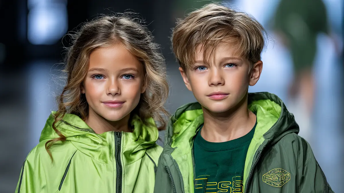 Мальчик и девочка в зелёных ветровках на подиуме, представляющие модные образы сезона весна-лето 2026.