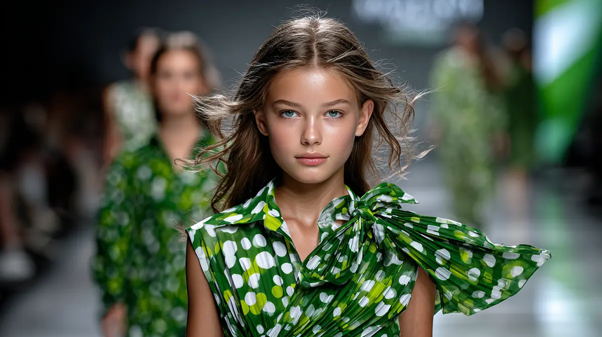 Модель со детской внешностью в зелёном платье с крупным и мелким принтом горох на подиуме, представляющая тренд «зелёно-белый горох» сезона весна-лето 2026.