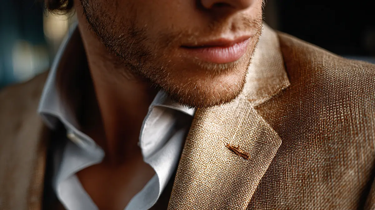 Фактура ткани бежевого льняного пиджака крупным планом. Детали мягкого кроя и натуральные материалы в мужской моде 2026.