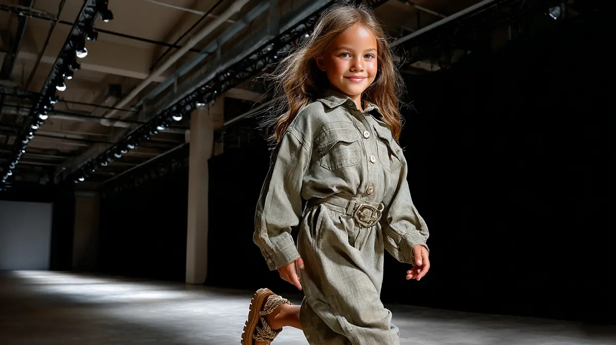 Модный детский комбинезон цвета шалфея с накладными карманами в стиле Eco-Utility на показе итальянской коллекции весна-лето 2026