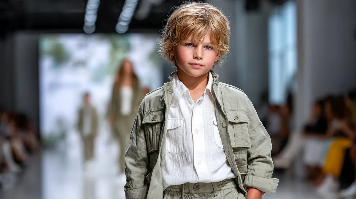 Стильный образ для мальчика: легкая льняная куртка-рубашка и брюки оливкового цвета в стиле Eco-Utility на подиуме