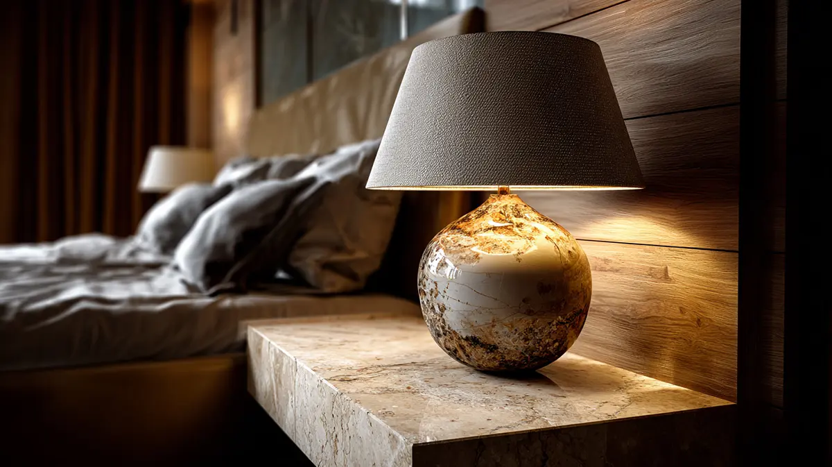 Дизайнерская настольная лампа с мраморным основанием на парящей тумбе в интерьере современной итальянской спальни от Guttuso Interni.