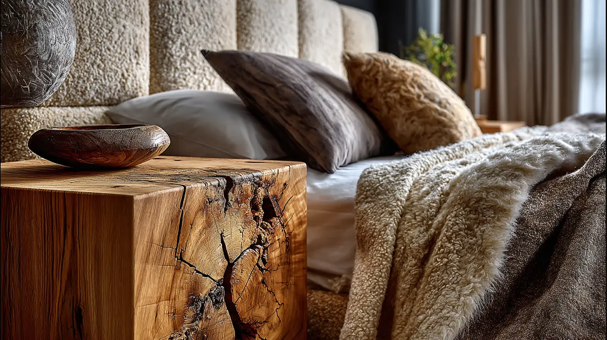 Прикроватная тумба из массива натурального дерева с выраженной текстурой и трещинами в сочетании с мягким изголовьем из шерсти букле.