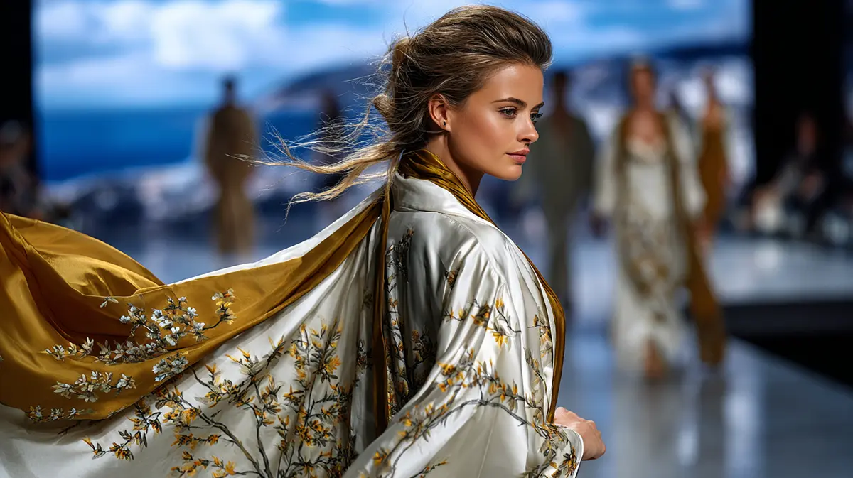 Элегантное итальянское кимоно из белого шелка с золотистой вышивкой на показе новой коллекции одежды для дома 2026 года.