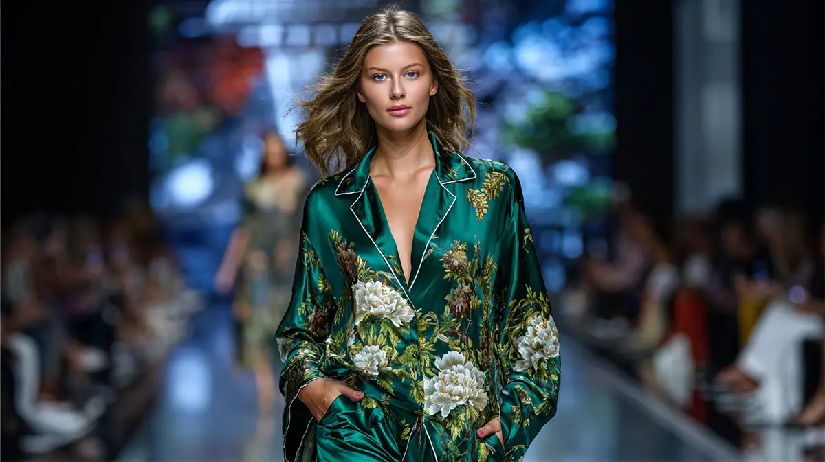 Модель на подиуме в изумрудной шелковой пижаме с принтом белых пионов, итальянская женская мода весна-лето 2026