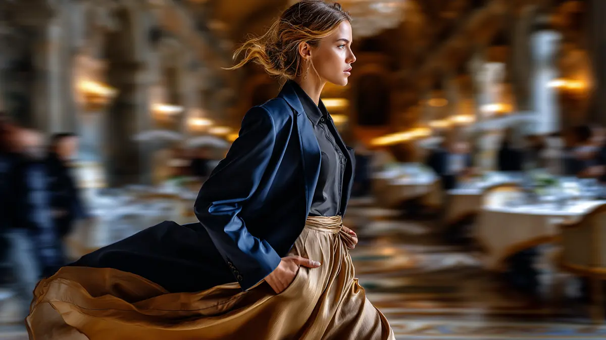 Женщина в темно-синем жакете и летящей золотистой юбке миди в интерьере итальянского палаццо. Пример многослойного образа для неформальных деловых встреч в миланском стиле.