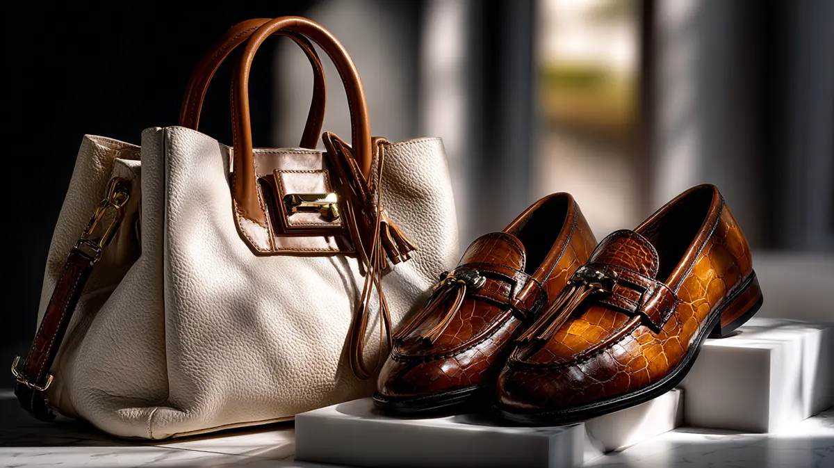 Модные аксессуары весна-лето 2026: бежевая кожаная сумка и коричневые лоферы в стиле тихая роскошь.