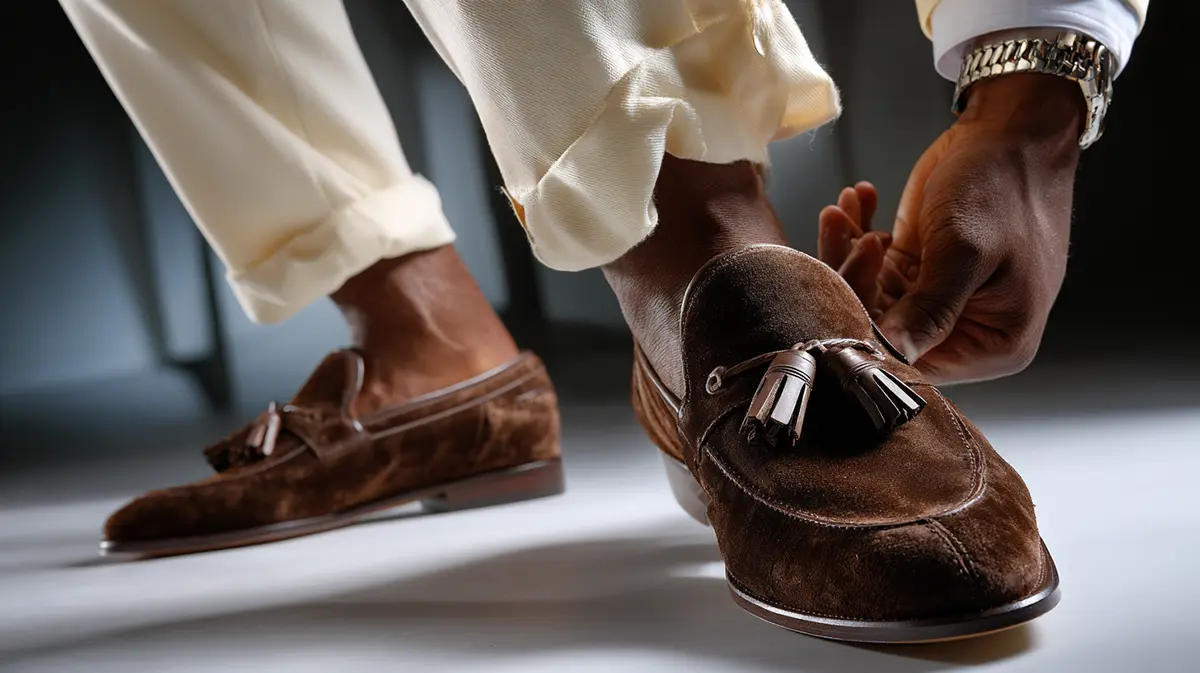 Мужские замшевые лоферы с кисточками табачного цвета на босу ногу и светлые брюки с манжетами, итальянская обувь 2026.