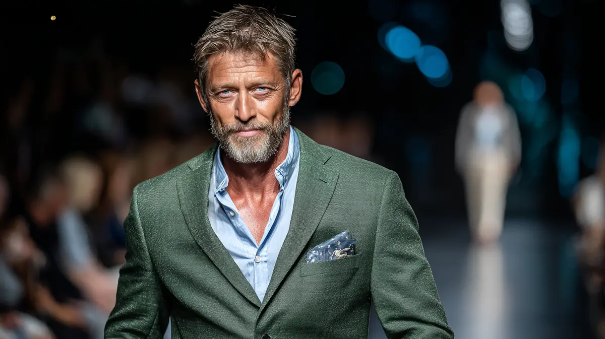 Стильный мужчина 50+ в фактурном пиджаке и голубой рубашке, итальянский стиль Spezzato, тренды мужской моды 2026.