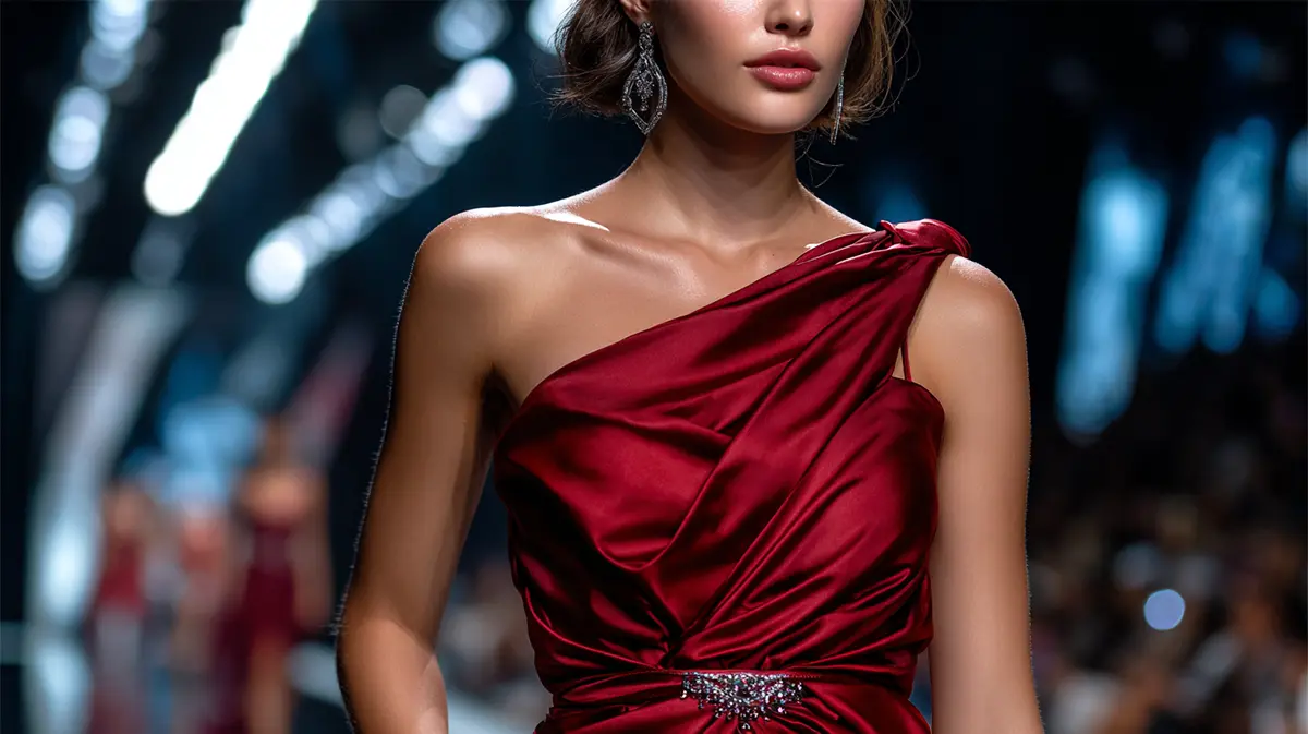 Асимметричное красное платье на одно плечо с драпировкой, модный образ для романтического ужина в итальянском стиле.