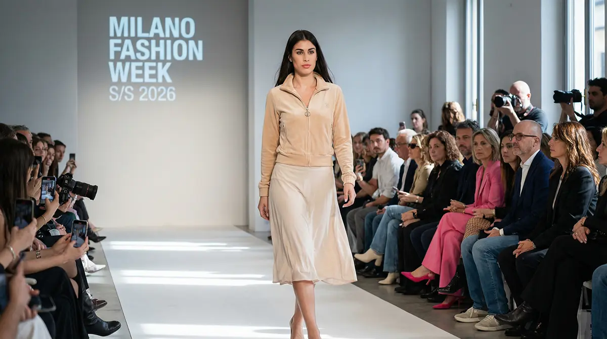 Элегантная бежевая велюровая толстовка на молнии в сочетании с юбкой на показе женской моды в Милане 2026