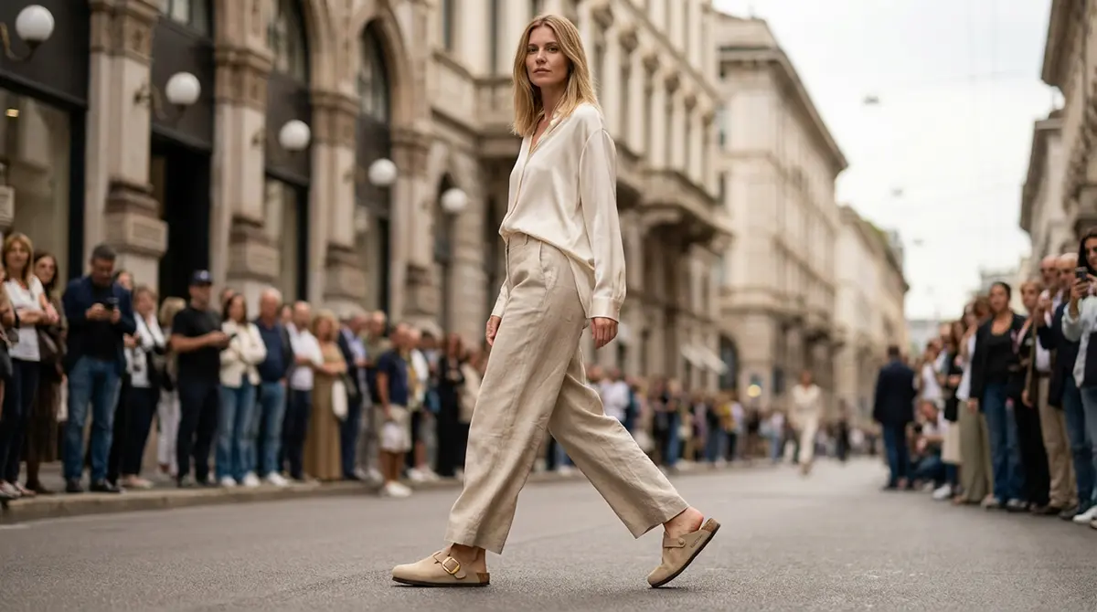 Женщина в бежевых замшевых сабо Birkenstock Boston на улице, модный образ в итальянском стиле 2026.