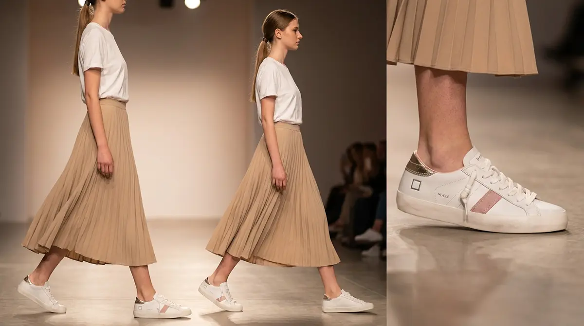 Белые женские кроссовки D.A.T.E. с розовой вставкой и золотым задником на подиуме, новинки итальянской обуви