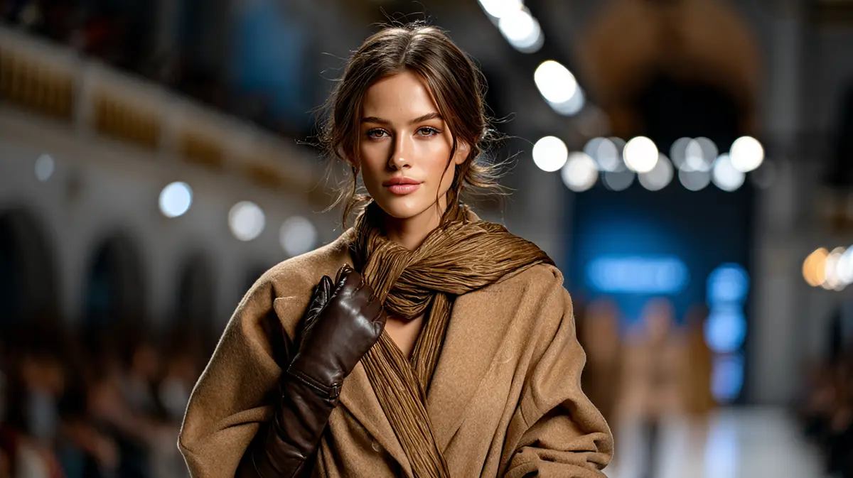 Элегантное кашемировое пальто цвета кэмел в сочетании с кожаными перчатками и шарфом. Новинки итальянской моды зима 2026 и стиль тихая роскошь.