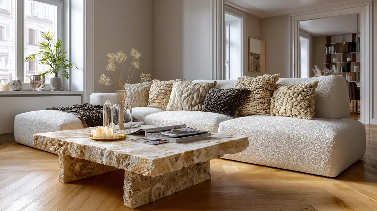 Тренды итальянской мебели 2026: модульный диван из ткани букле и журнальный столик из необработанного травертина.