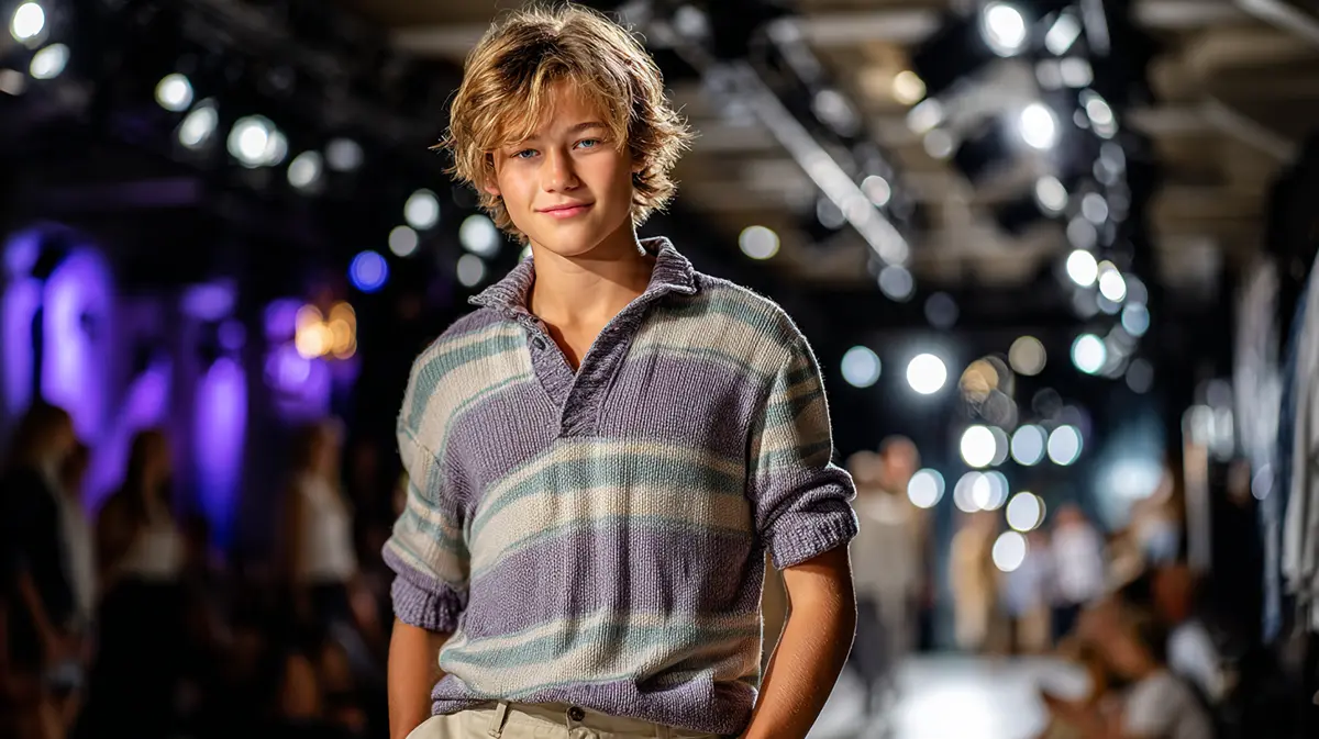 Парень-подросток в вязаном поло в широкую полоску пастельных тонов. Тренды итальянской моды для мальчиков 2026.