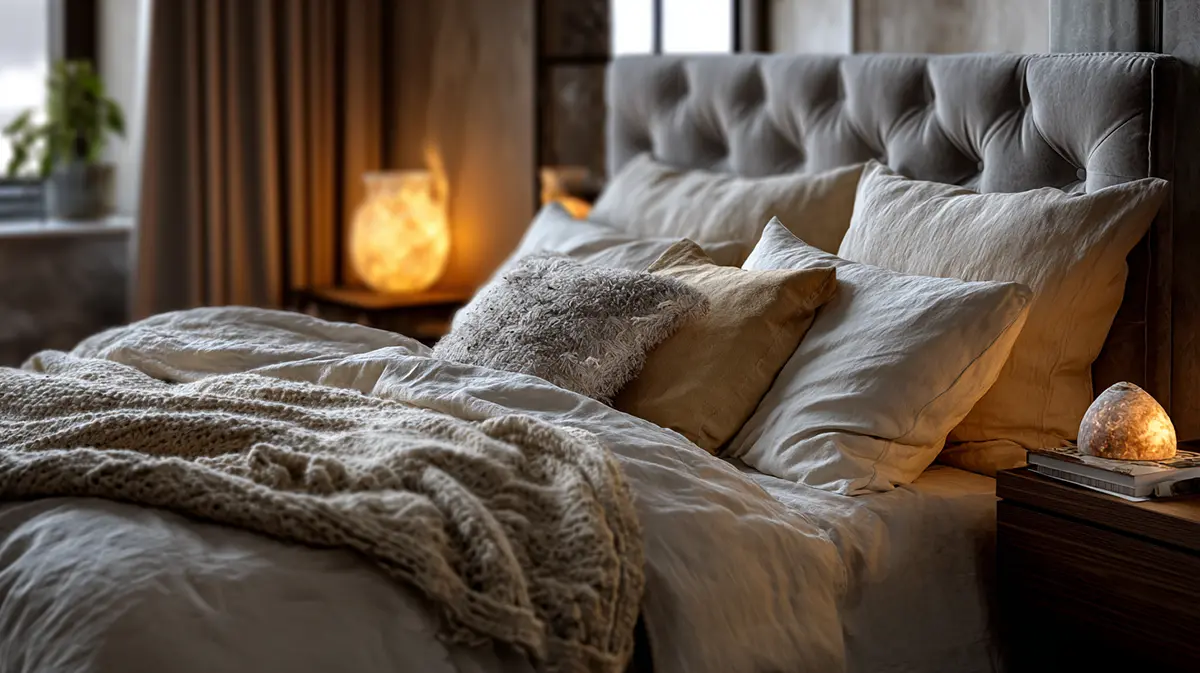 Дизайн спальни 2026 в цвете Cloud Dancer: кровать с мягким изголовьем, многослойный льняной текстиль и теплое освещение.