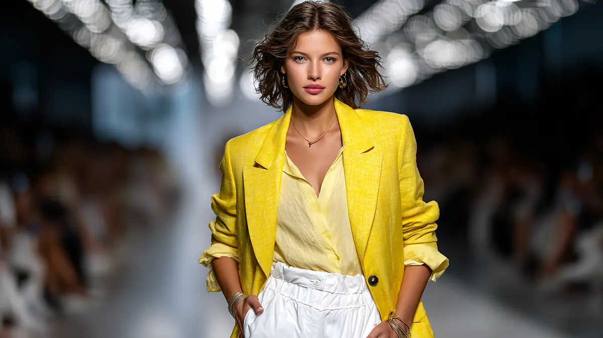 Девушка-подросток в желтом льняном пиджаке и белых шортах на показе мод. Итальянский стиль преппи весна-лето 2026.