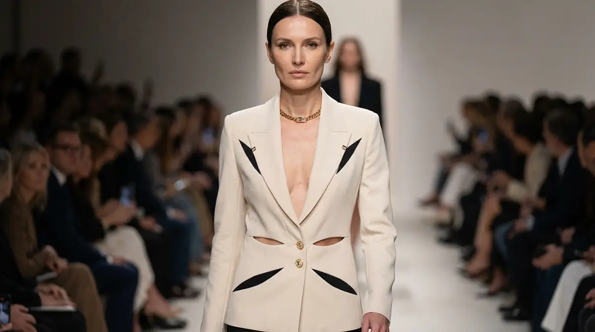 Элегантный бежевый пиджак Elisabetta Franchi с контрастными черными вставками и вырезами на талии, коллекция весна-лето 2026