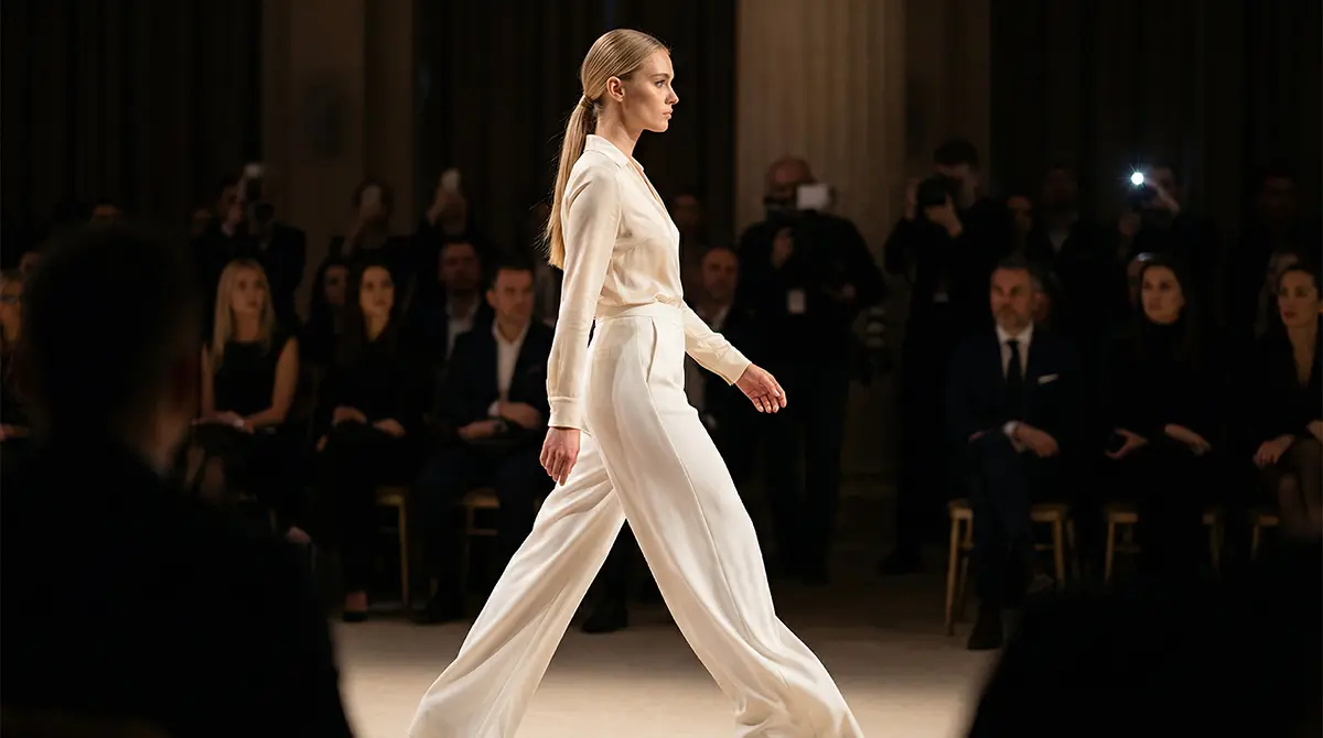 Белые широкие брюки Elisabetta Franchi из крепа с высокой талией на подиуме, тренды итальянской моды 2026