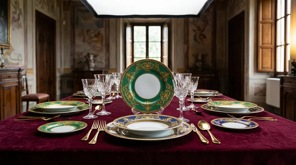 Роскошная сервировка стола итальянской посудой в стиле барокко, зеленые тарелки с золотым орнаментом и хрусталь, коллекция 2026 года для торжественных ужинов.