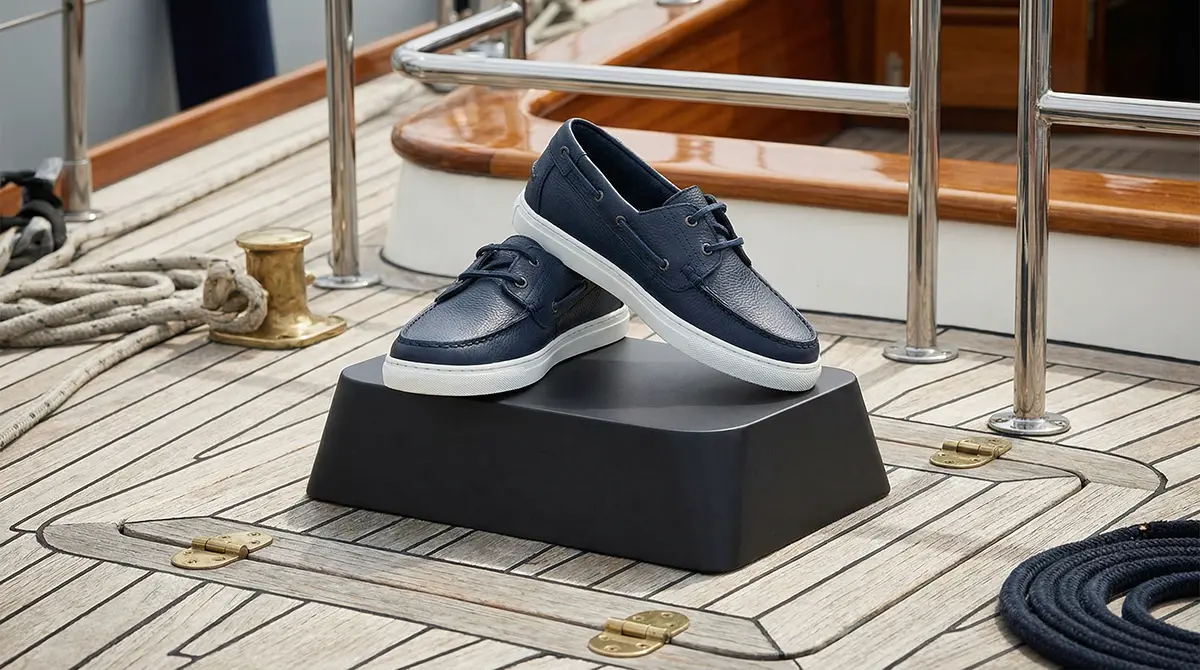 Детские кожаные темно-синие топсайдеры на белой подошве, представленные на матовом подиуме на палубе яхты, элитная палубная обувь из Италии.