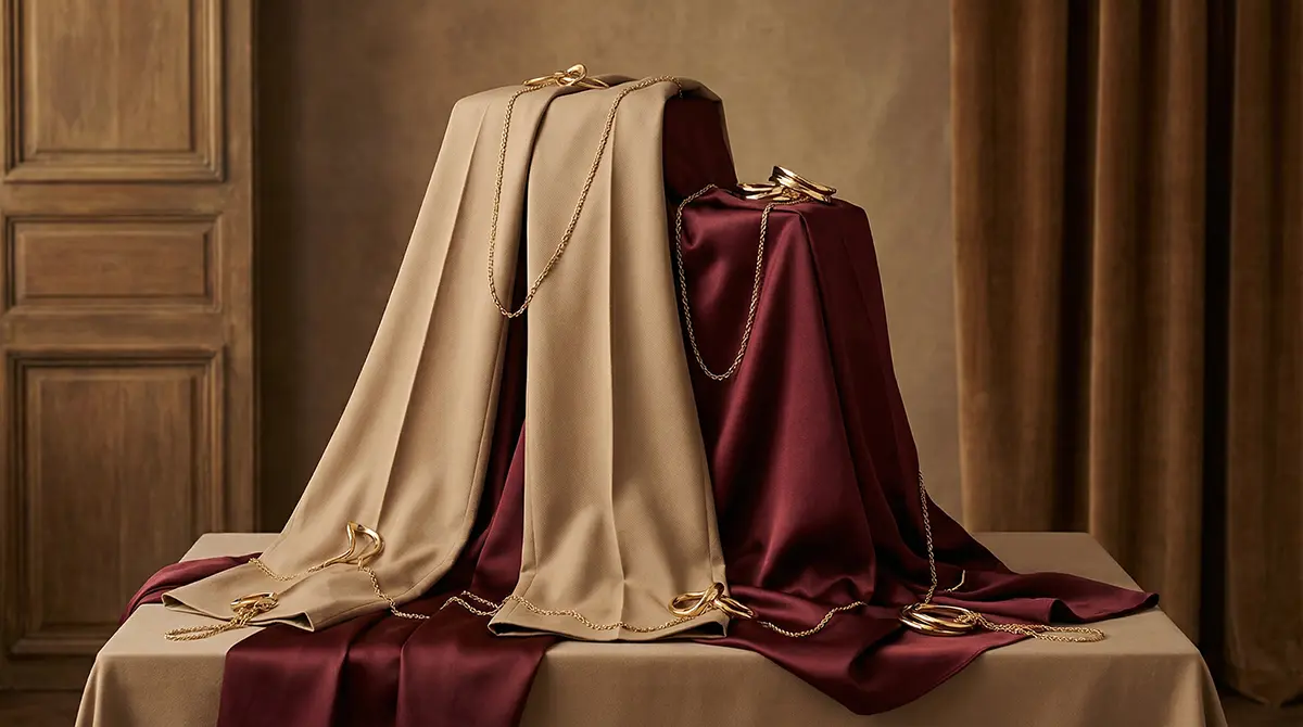 Детальное фото текстуры тканей брендовых брюк: бежевый габардин и бордовый атлас с золотой фурнитурой