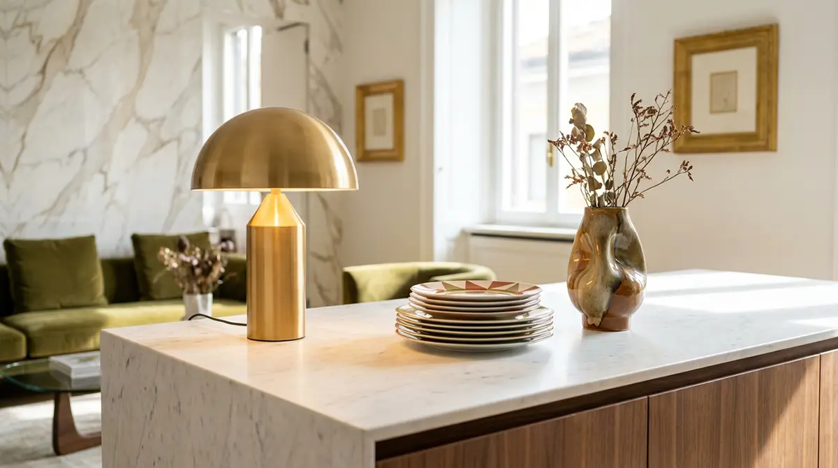 Современный итальянский интерьер кухни с дизайнерской посудой, стопка керамических тарелок с геометрическим узором и золотая лампа, стиль минимализм и эклектика.