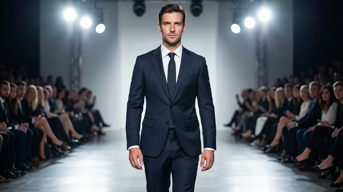 Темно-синий мужской костюм итальянского кроя с белой рубашкой и галстуком для успешного собеседования