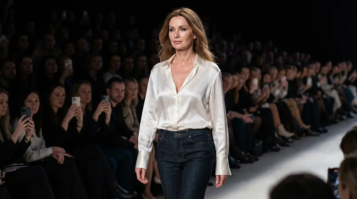 Элегантная итальянская шелковая блузка жемчужного цвета в сочетании с темно-синими джинсами для женщин 45 лет, тренд 2026 года.