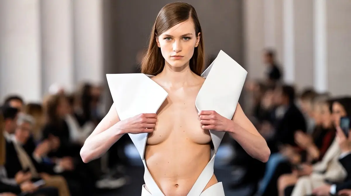 Итальянская мода 2026: белый архитектурный топ с глубоким вырезом и жесткими формами от Ermanno Scervino на подиуме в Милане