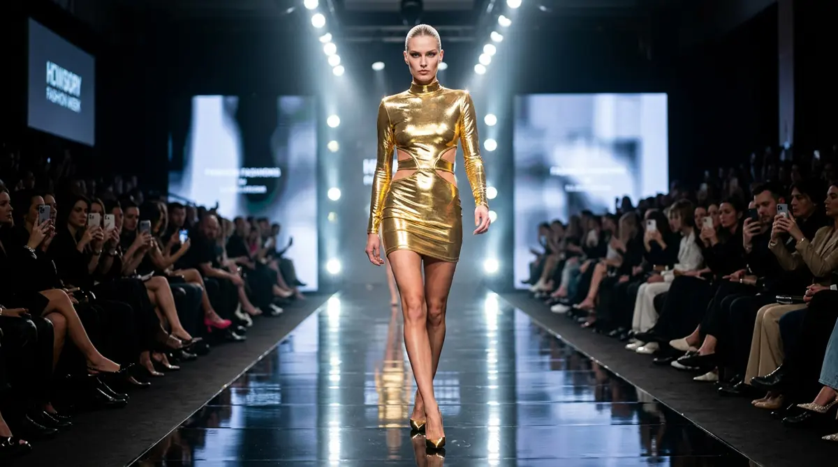 Облегающее вечернее платье в цвете жидкое золото с дерзкими вырезами — тренд итальянской моды 2026 года на подиуме в Милане